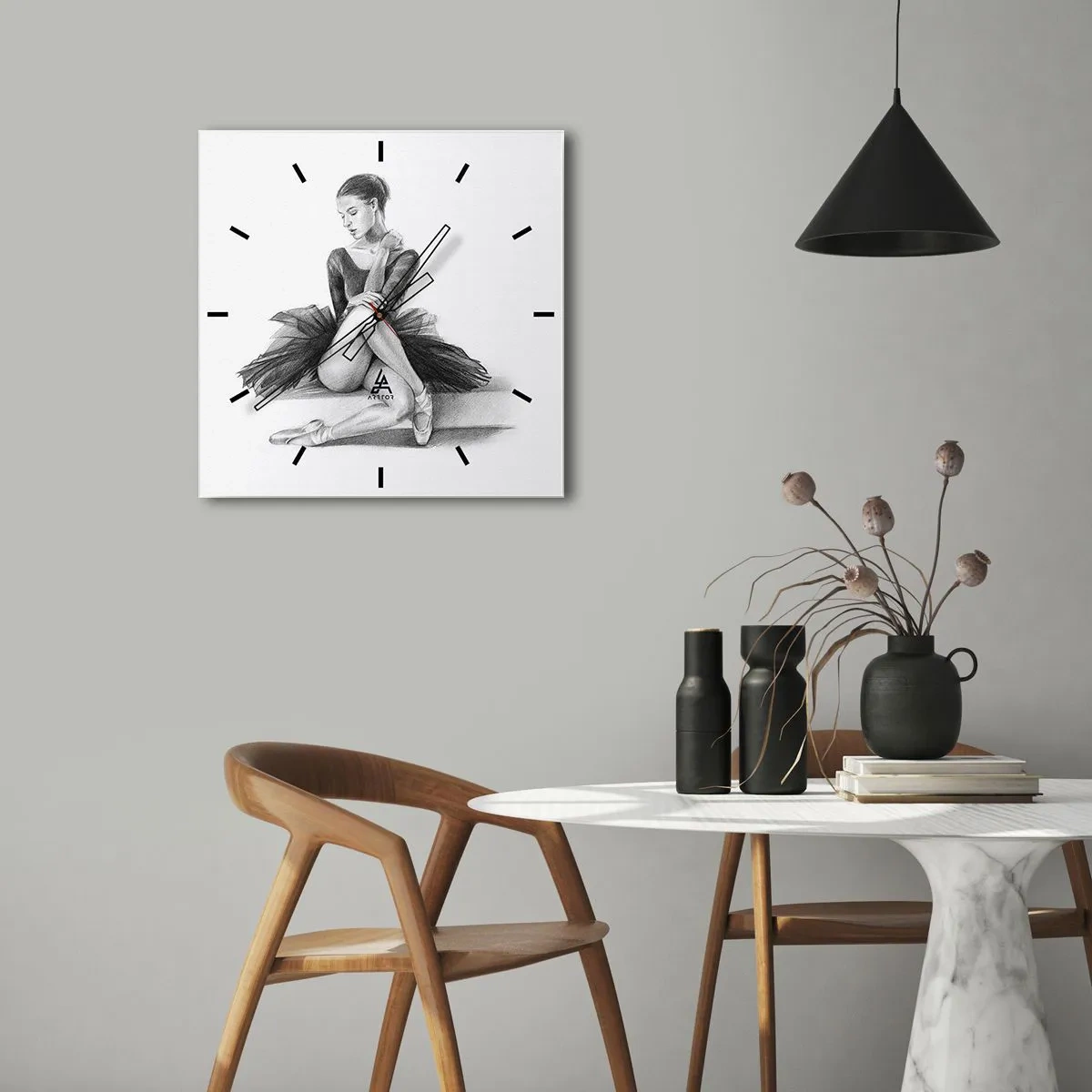 Orologio da parete - Orologio in Vetro - Uno schizzo di una ballerina in uno stile classico e sottile - 30x30cm - Incantata dalla danza - Decorazione murale moderna per soggiorno e camera da letto ARTTOR