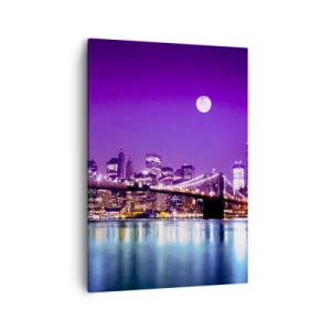 Quadro su tela - Stampe su Tela - Ponte di Brooklyn di notte con la città illuminata e la luna piena - 50x70cm - Luce della grande città in viola - Decorazione murale moderna per soggiorno e camera da letto ARTTOR