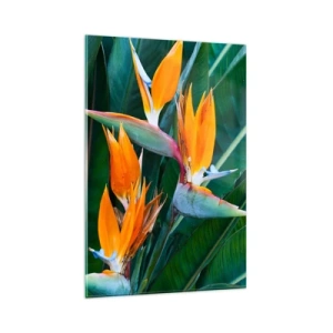 Quadro su vetro - Fiori esotici di strelitzia circondati da foglie verdi - 80x120cm - È un fiore o un uccello? - Decorazione murale moderna per soggiorno e camera da letto ARTTOR