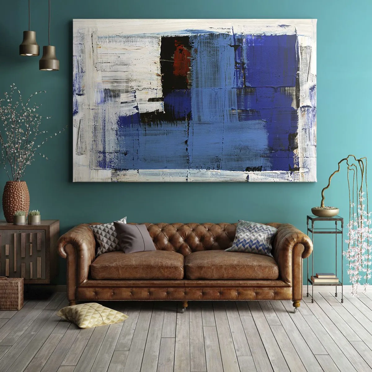 Quadro su tela - Stampe su Tela - Composizione astratta nei toni del blu e del bianco - 70x50cm - I segreti del blu - Decorazione murale moderna per soggiorno e camera da letto ARTTOR