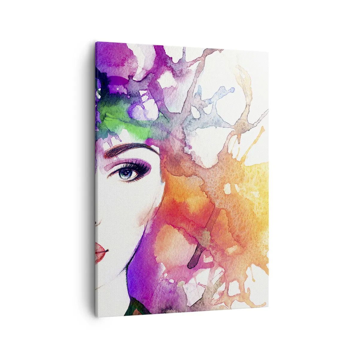 Quadro su tela - Stampe su Tela - Ritratto di una donna in colori acquerellati con macchie astratte - 50x70cm - Con la testa tra le nuvole - Decorazione murale moderna per soggiorno e camera da letto ARTTOR