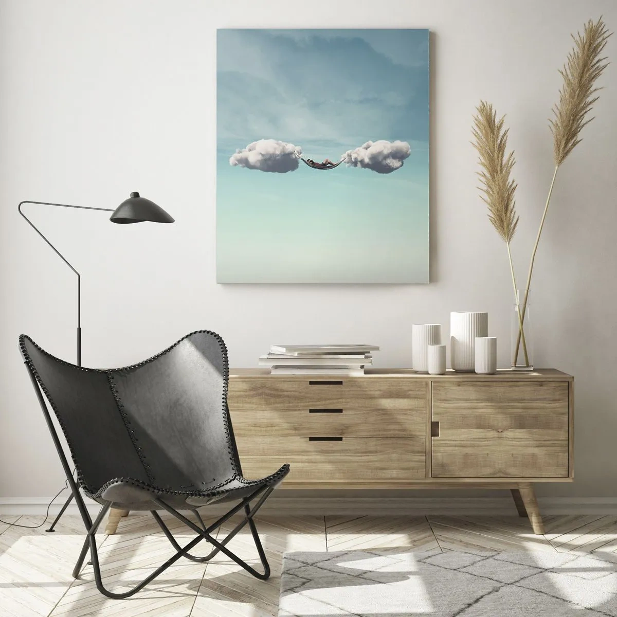 Quadro su vetro - Amache di nuvole in un cielo azzurro - 50x70cm - La felicità del momento - Decorazione murale moderna per soggiorno e camera da letto ARTTOR