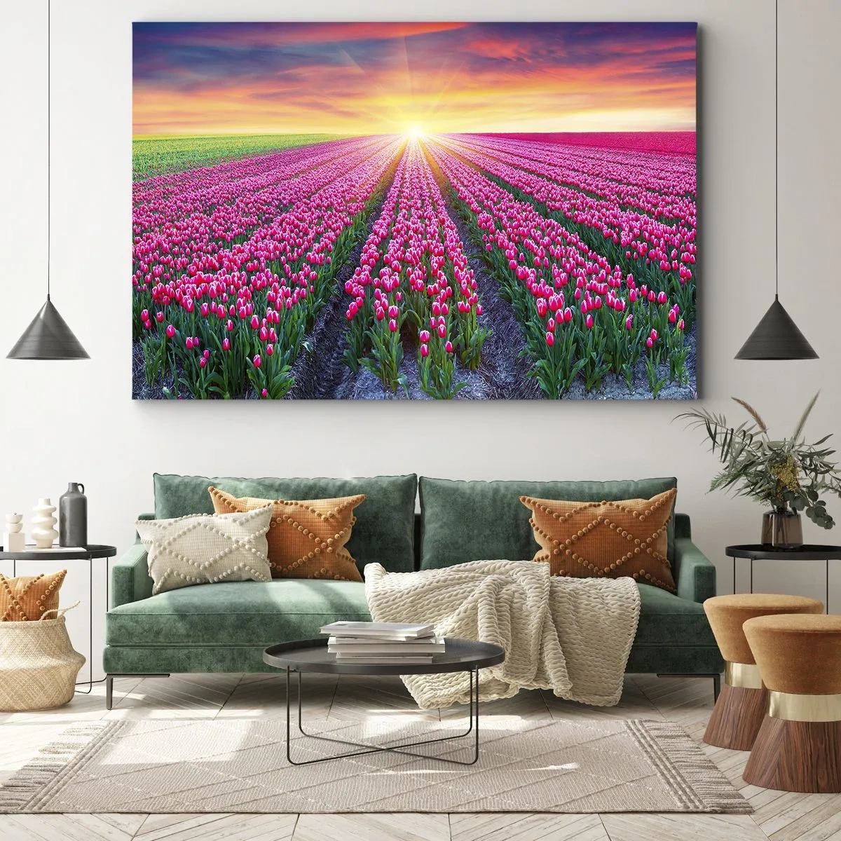 Quadro su tela - Stampe su Tela - Un campo di tulipani al tramonto - 120x80cm - La fattoria della bellezza - Decorazione murale moderna per soggiorno e camera da letto ARTTOR