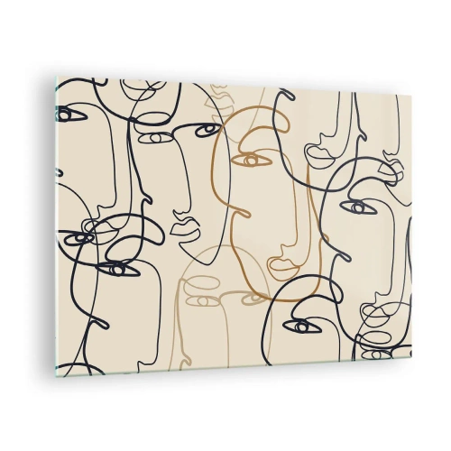 Quadro su vetro - Volti contornati disegnati con un solo tratto su beige - 70x50cm - Ritratto multiplo - Decorazione murale moderna per soggiorno e camera da letto ARTTOR