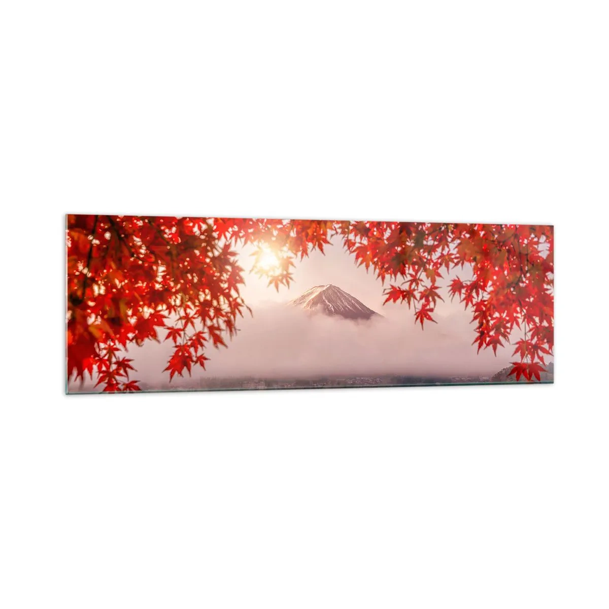 Quadro su vetro - Una barca su un lago circondata da foglie di acero rosso - 160x50cm - Nell'atmosfera del Giappone - Decorazione murale moderna per soggiorno e camera da letto ARTTOR