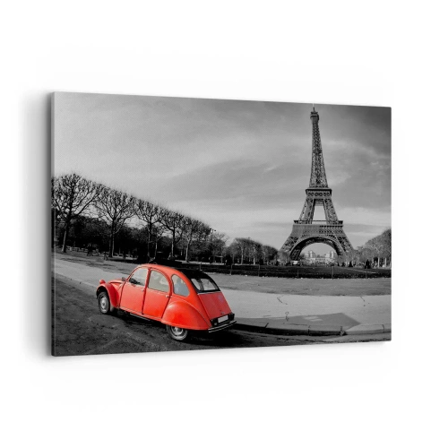 Quadro su tela - Stampe su Tela - Un'auto rossa con la Torre Eiffel sullo sfondo in un paesaggio in bianco e nero - 100x70cm - Più parigine di Parigi - Decorazione murale moderna per soggiorno e camera da letto ARTTOR