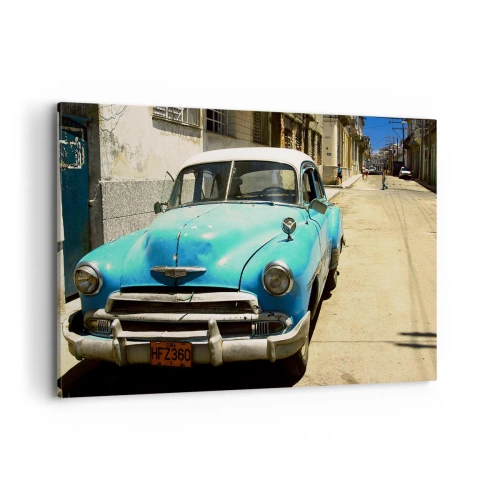 Quadro su tela - Stampe su Tela - Un'auto d'epoca blu sulla strada in una giornata di sole - 120x80cm - Evviva Cuba! - Decorazione murale moderna per soggiorno e camera da letto ARTTOR