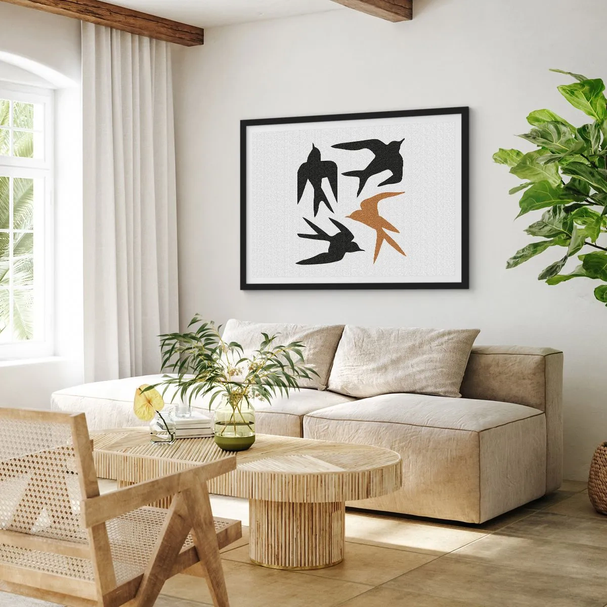 Poster in cornice nera - Silhouette di rondini in nero e oro - 100x70cm - Giochi di rondini - Decorazione murale moderna per soggiorno e camera da letto ARTTOR