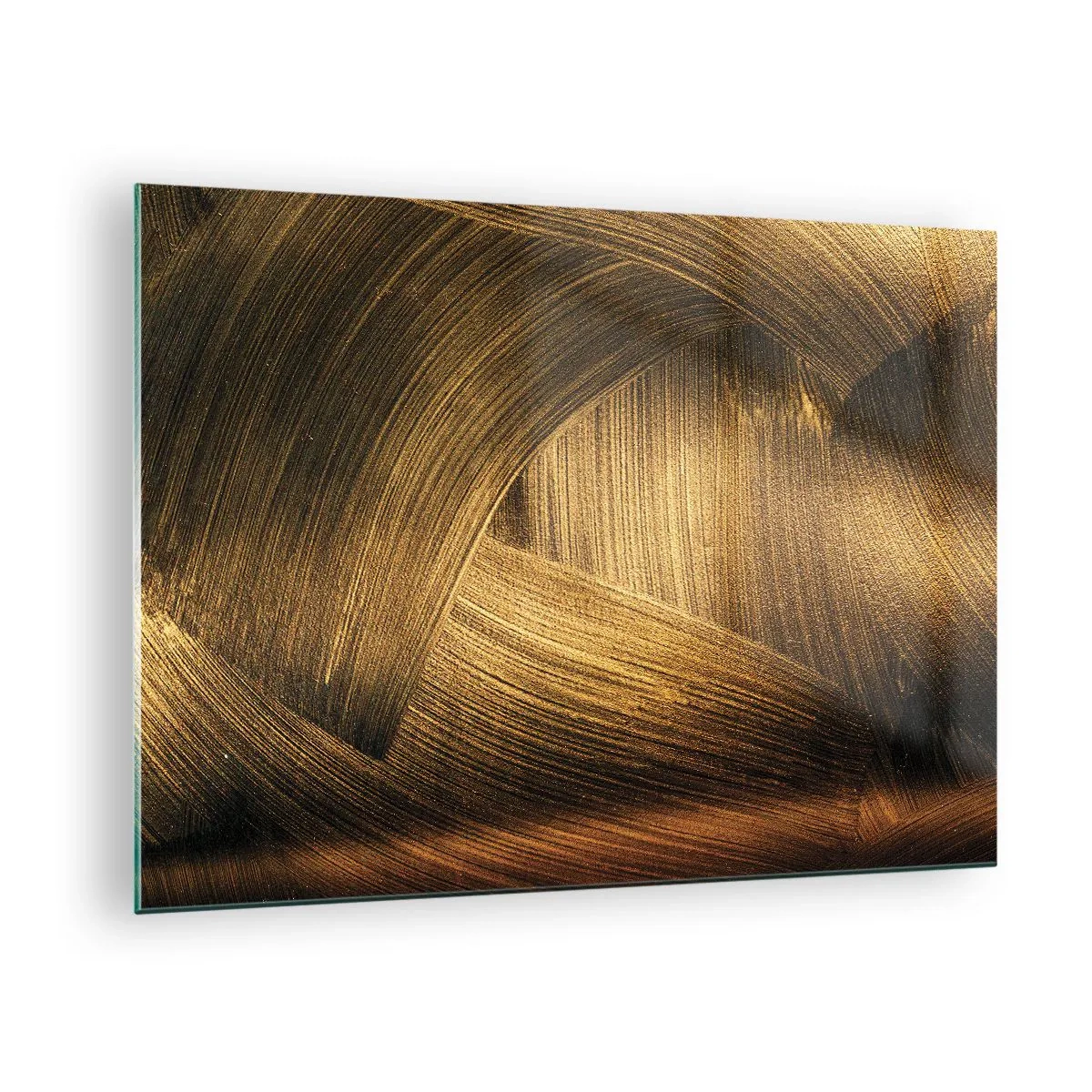 Quadro su vetro - Un dipinto astratto raffigurante linee geometriche dorate su uno sfondo - 70x50cm - Nel labirinto d'oro - Decorazione murale moderna per soggiorno e camera da letto ARTTOR