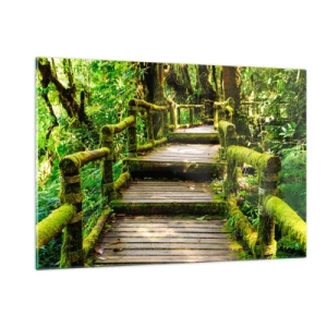 Quadro su vetro - Un sentiero di legno in una foresta verde ricoperta di muschio - 120x80cm - Un corridoio nel verde - Decorazione murale moderna per soggiorno e camera da letto ARTTOR