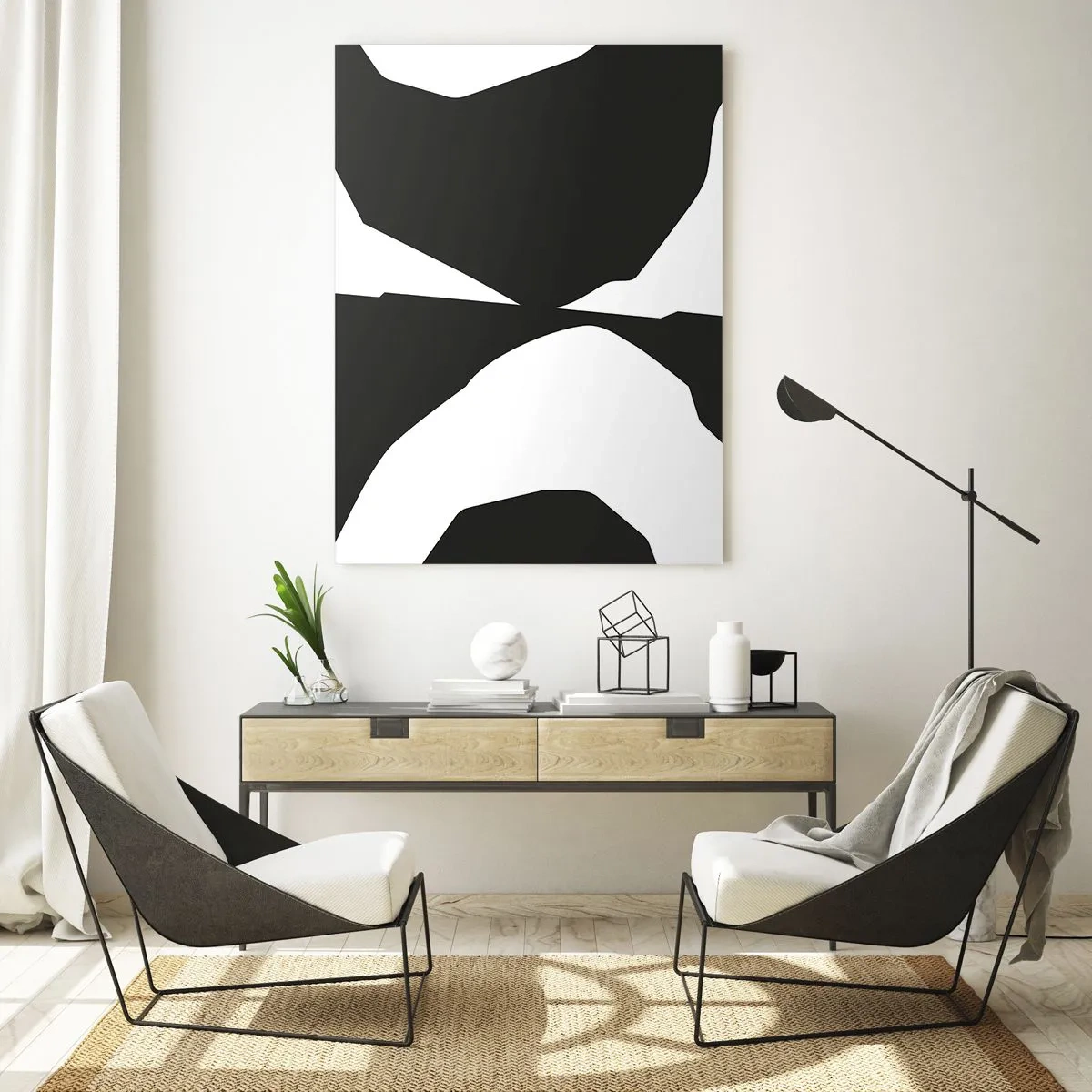 Quadro su vetro - Motivo astratto a contrasto in bianco e nero - 80x120cm - Positivo - negativo - Decorazione murale moderna per soggiorno e camera da letto ARTTOR