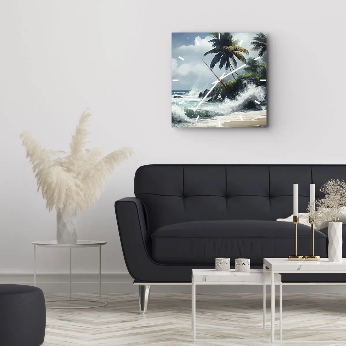 Orologio da parete - Orologio in Vetro - Costa tropicale con palme e mare agitato - 30x30cm - Sulla riva tropicale - Decorazione murale moderna per soggiorno e camera da letto ARTTOR