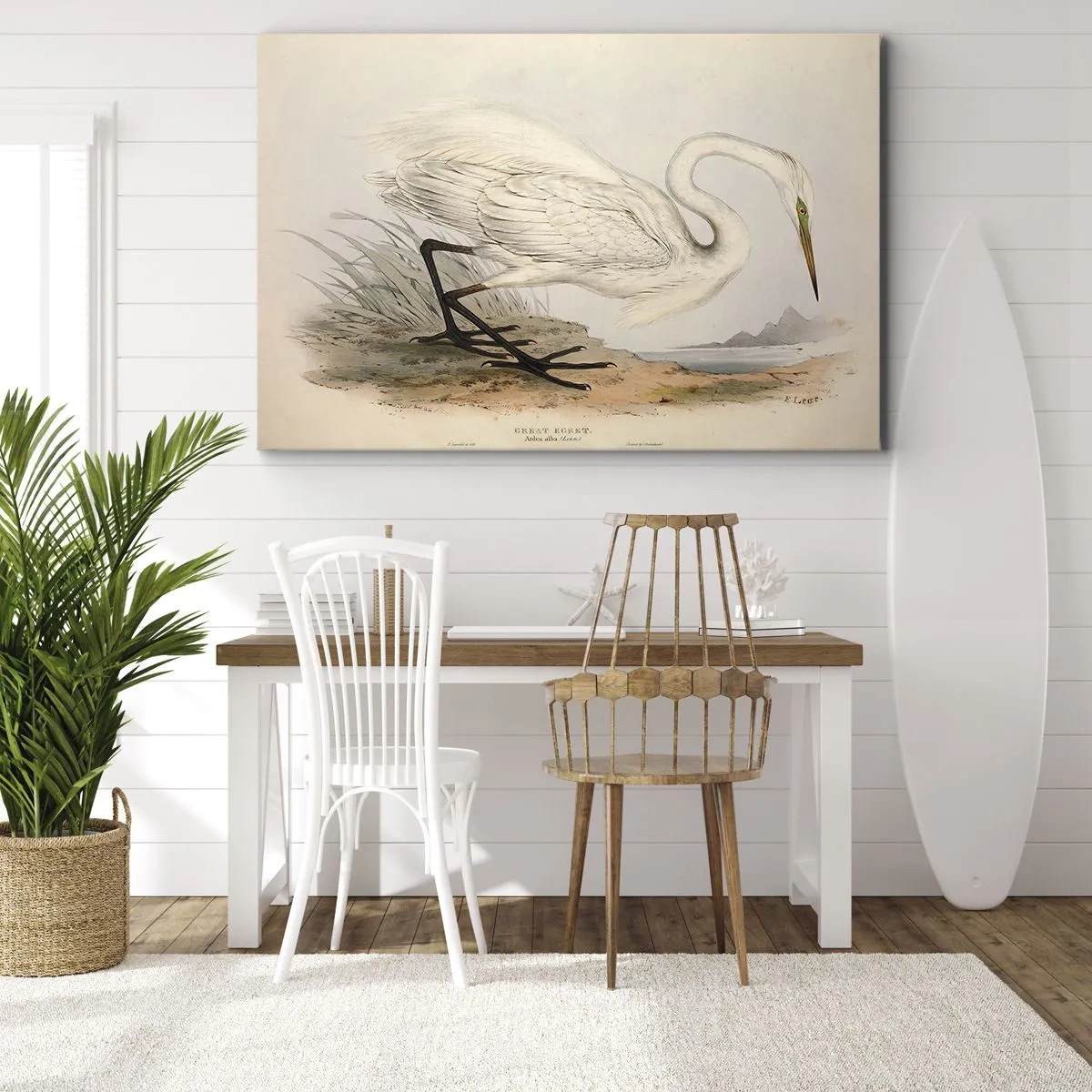 Quadro su tela - Stampe su Tela - Disegno di un airone bianco su uno sfondo di paesaggio naturale - 70x50cm - La signora nel canneto - Decorazione murale moderna per soggiorno e camera da letto ARTTOR
