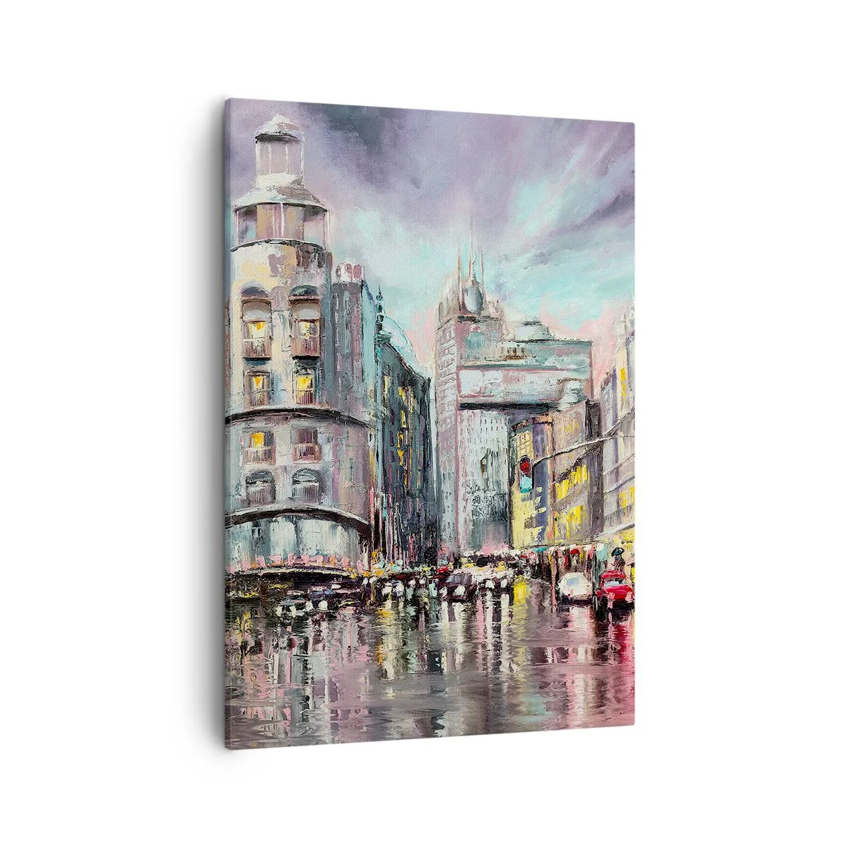 Quadro su tela - Stampe su Tela - Vista serale della città con riflessi sulla strada bagnata - 50x70cm - Sarà una serata riuscita - Decorazione murale moderna per soggiorno e camera da letto ARTTOR