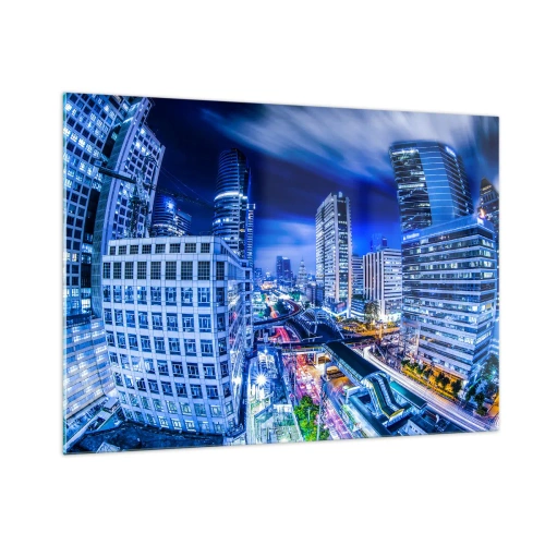 Quadro su vetro - Panorama di una città moderna di notte con luci brillanti - 100x70cm - Il ritmo notturno della città - Decorazione murale moderna per soggiorno e camera da letto ARTTOR