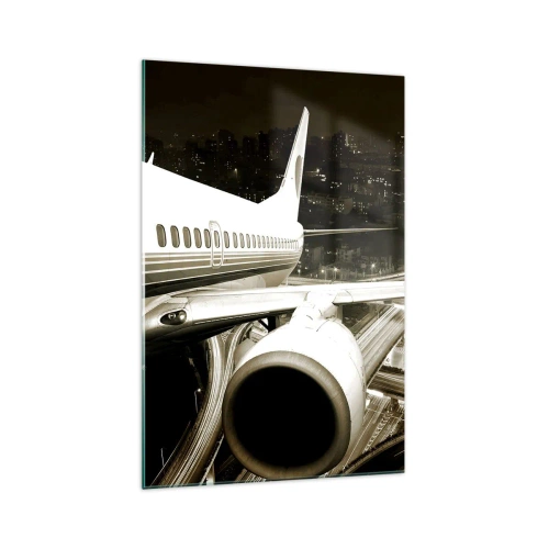 Quadro su vetro - Un aereo sopra una città notturna con autostrade illuminate - 70x100cm - Volare di notte - Decorazione murale moderna per soggiorno e camera da letto ARTTOR