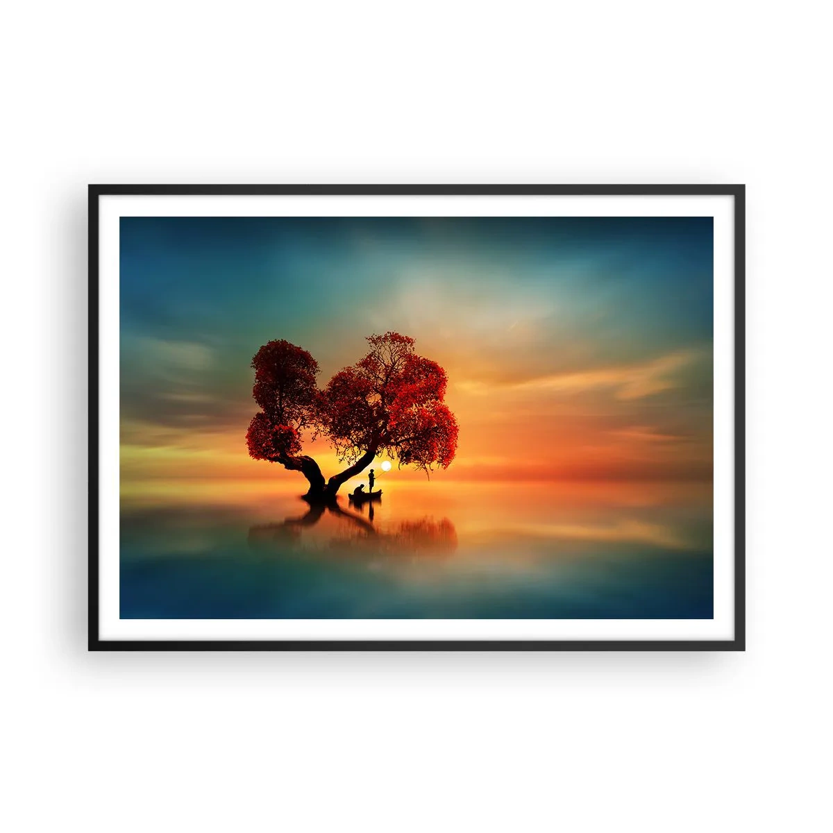 Poster in cornice nera - Un albero dalle foglie rosse e una barca sull'acqua al tramonto - 100x70cm - Gli esiliati e il silenzio fuori dal mondo - Decorazione murale moderna per soggiorno e camera da letto ARTTOR