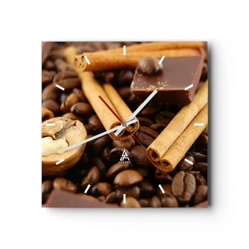 Orologio da parete - Orologio in Vetro - Chicchi di caffè con bastoncini di cannella, cioccolato e noci. - 30x30cm - Concerto di sapori - Decorazione murale moderna per soggiorno e camera da letto ARTTOR