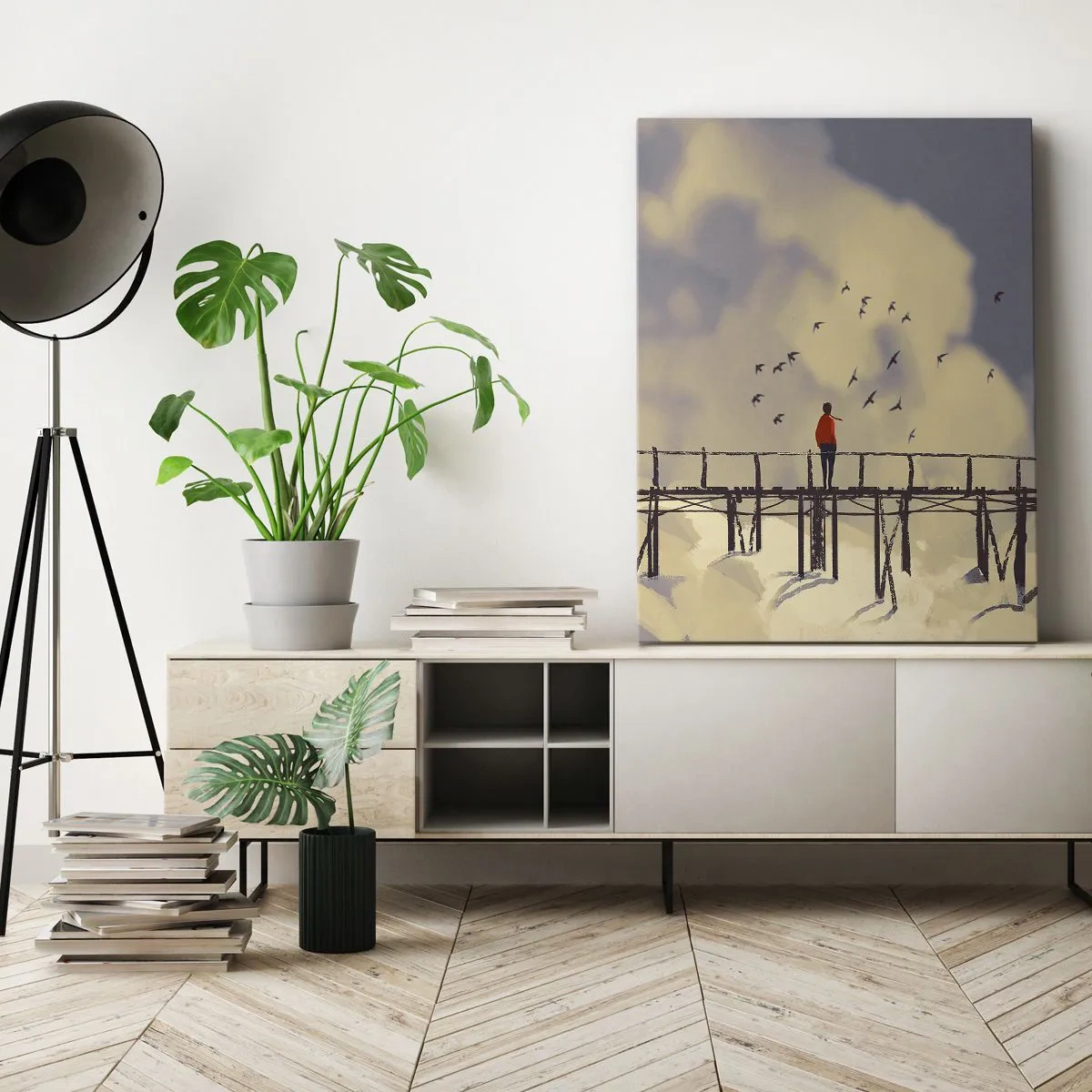 Quadro su tela - Stampe su Tela - Una figura su un ponte tra le nuvole con uccelli nel cielo - 50x70cm - Nostalgia del cielo - Decorazione murale moderna per soggiorno e camera da letto ARTTOR