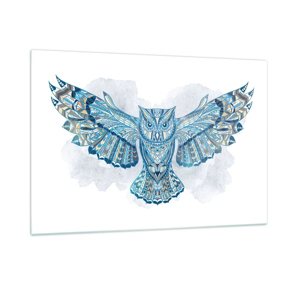 Quadro su vetro - Gufo blu con ali spiegate in stile geometrico - 120x80cm - Dal bosco sacro celtico - Decorazione murale moderna per soggiorno e camera da letto ARTTOR