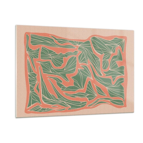 Quadro su vetro - Forme di foglie verdi circondate da una cornice di corallo su uno sfondo beige - 120x80cm - La lotta tra il corallo e il verde - Decorazione murale moderna per soggiorno e camera da letto ARTTOR