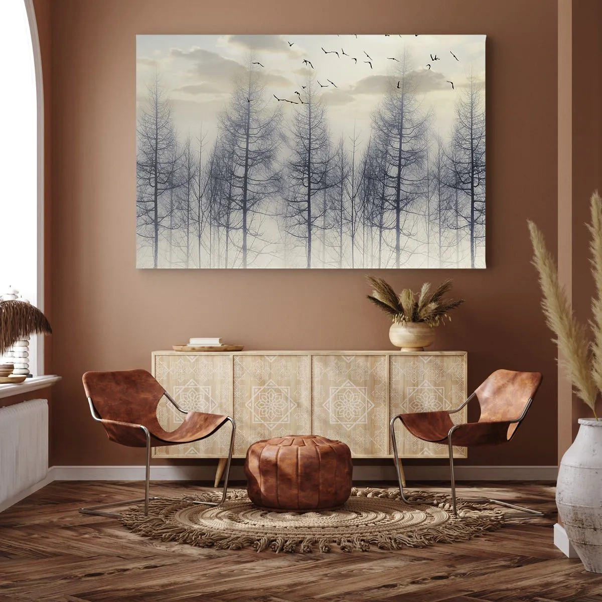 Quadro su tela - Stampe su Tela - Foresta nebbiosa con uccelli contro il cielo al tramonto - 120x80cm - Lo spirito della foresta - Decorazione murale moderna per soggiorno e camera da letto ARTTOR