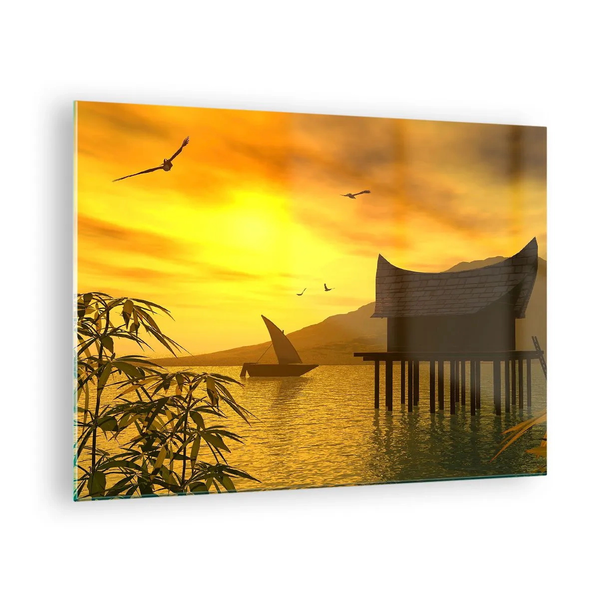 Quadro su vetro - Tramonto sul lago con una casa su palafitte - 70x50cm - Calma desiderata - Decorazione murale moderna per soggiorno e camera da letto ARTTOR