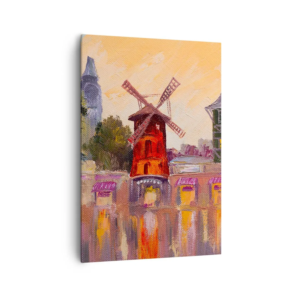 Quadro su tela - Stampe su Tela - Il mulino a vento rosso del Moulin Rouge circondato dal paesaggio urbano - 70x100cm - Le icone di Parigi: il Moulin Rouge - Decorazione murale moderna per soggiorno e camera da letto ARTTOR