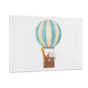 Quadro su vetro - Un palloncino con una giraffa, una scimmia e un elefante su uno sfondo bianco - 120x80cm - Una gita fantastica - Decorazione murale moderna per soggiorno e camera da letto ARTTOR