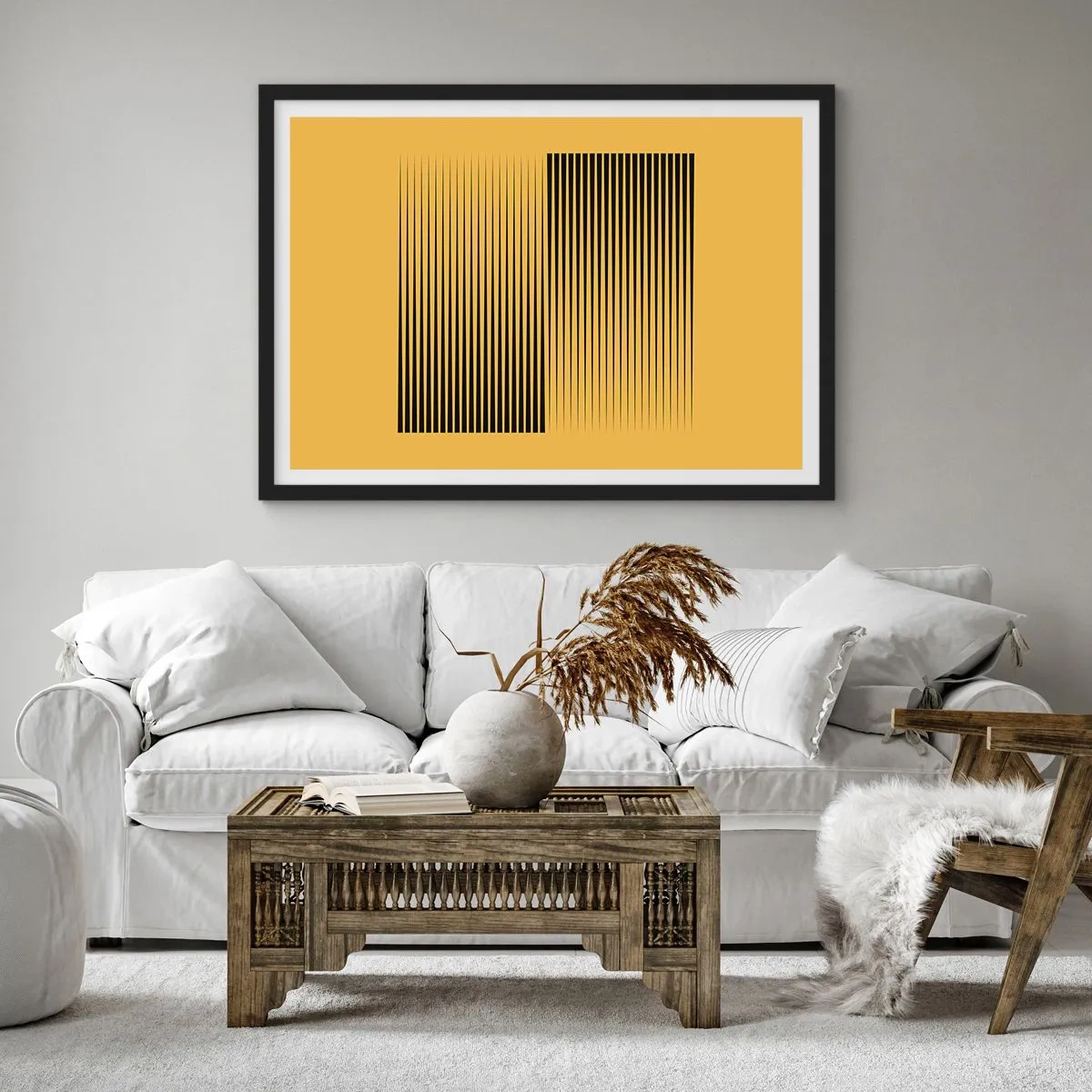 Poster in cornice nera - Linee nere verticali su sfondo giallo - 70x50cm - La quadratura degli opposti - Decorazione murale moderna per soggiorno e camera da letto ARTTOR