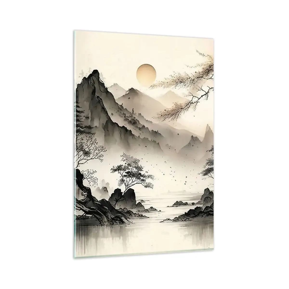 Quadro su vetro - Un paesaggio orientale con montagne e una pagoda dalle tonalità delicate. - 80x120cm - Il fascino irripetibile dell'oriente - Decorazione murale moderna per soggiorno e camera da letto ARTTOR