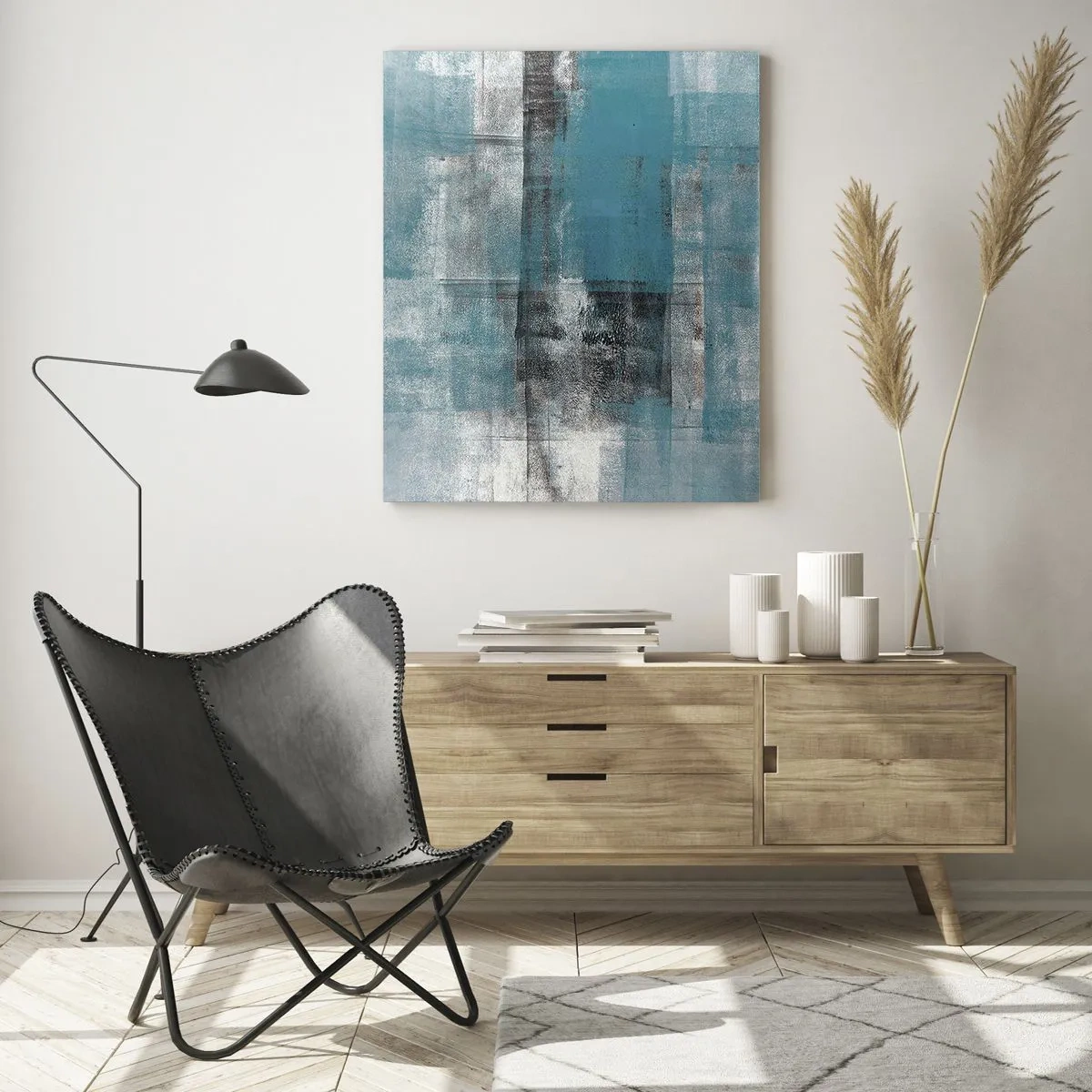 Quadro su vetro - Una composizione astratta nelle tonalità del blu con texture e strati. - 70x100cm - Acqua e aria - Decorazione murale moderna per soggiorno e camera da letto ARTTOR