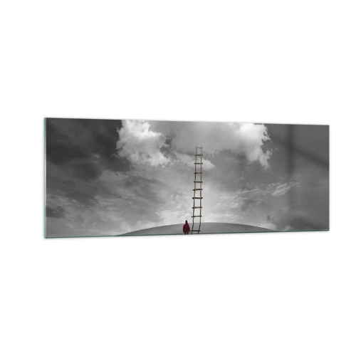 Quadro su vetro - Una persona con un cappotto rosso e una scala che porta a una nuvola - 140x50cm - Tutto è possibile - Decorazione murale moderna per soggiorno e camera da letto ARTTOR