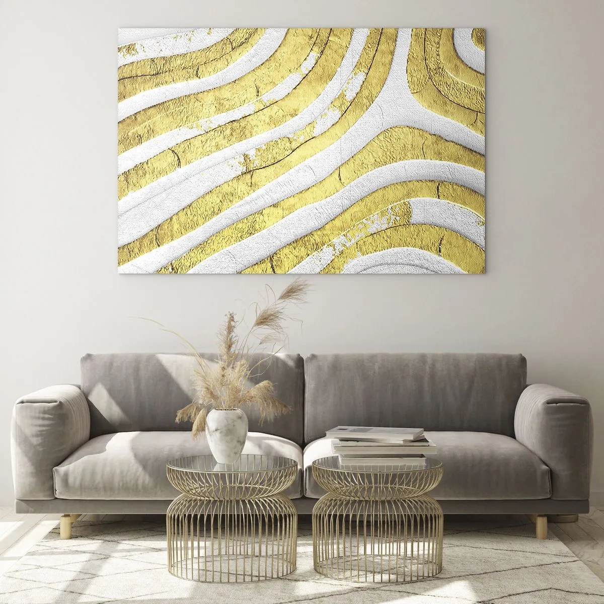 Quadro su vetro - Onde astratte dorate e bianche con effetto materico - 120x80cm - Composizione in bianco e oro - Decorazione murale moderna per soggiorno e camera da letto ARTTOR