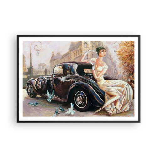 Poster in cornice nera - Donna retrò accanto a un'auto d'epoca - 100x70cm - Eleganza in stile retro - Decorazione murale moderna per soggiorno e camera da letto ARTTOR