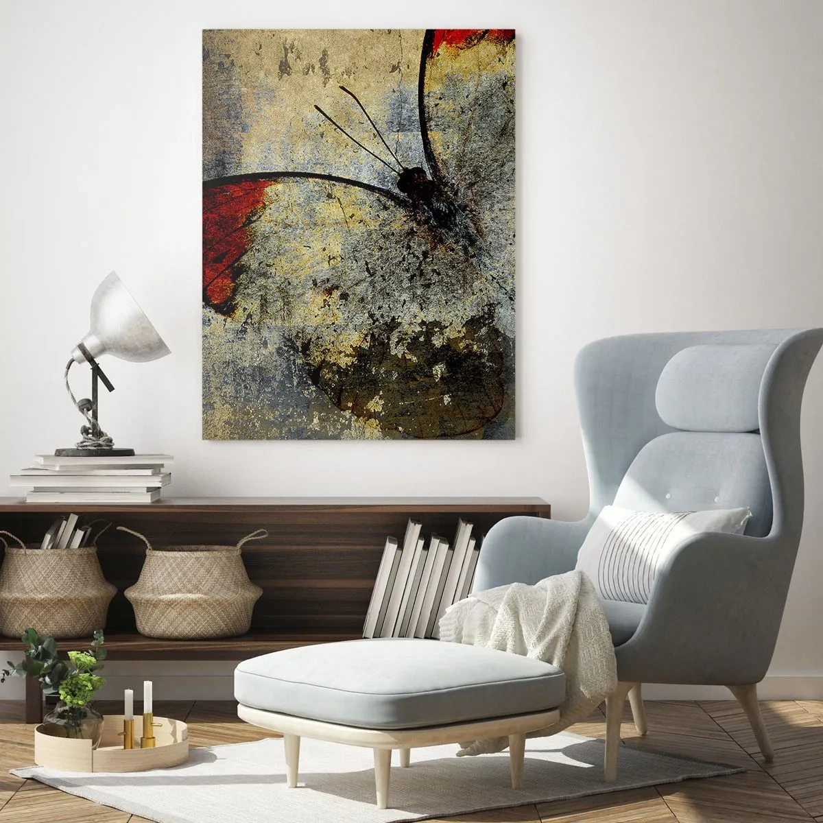 Quadro su vetro - Una farfalla nei toni del rosso e del grigio su uno sfondo strutturato - 70x100cm - Guarda prima che scompaia - Decorazione murale moderna per soggiorno e camera da letto ARTTOR