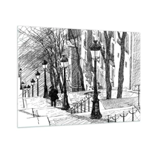 Quadro su vetro - Disegno in bianco e nero di una strada cittadina con lanterne - 100x70cm - Storia d'amore o racconto di paura? - Decorazione murale moderna per soggiorno e camera da letto ARTTOR