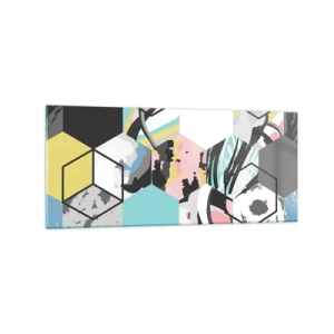 Quadro su vetro - Motivo esagonale geometrico con dettagli astratti colorati - 120x50cm - Esagoni e cubi in sei tonalità - Decorazione murale moderna per soggiorno e camera da letto ARTTOR