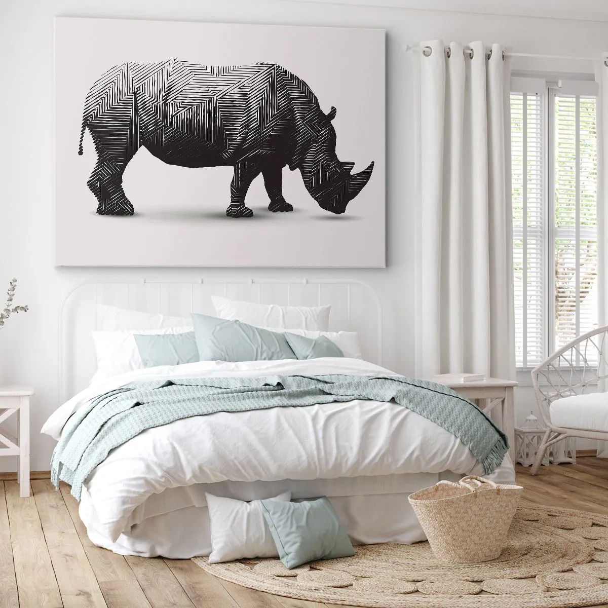 Quadro su tela - Stampe su Tela - Silhouette grafica di un rinoceronte in un motivo bianco e nero - 120x80cm - La bellezza geometrica della natura - Decorazione murale moderna per soggiorno e camera da letto ARTTOR