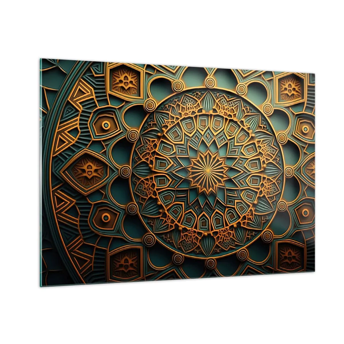 Quadro su vetro - Ornamento in oro e turchese nello stile di un mosaico arabo - 100x70cm - Atmosfera araba - Decorazione murale moderna per soggiorno e camera da letto ARTTOR