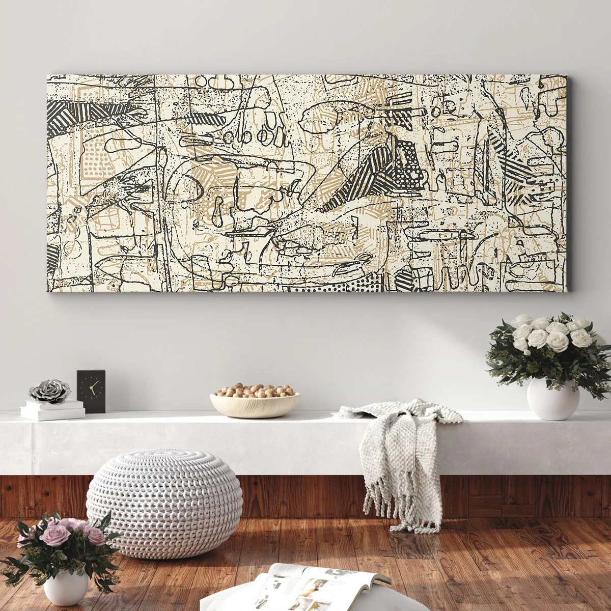 Quadro su tela - Stampe su Tela - Motivi astratti e linee su uno sfondo beige - 120x50cm - In attesa di essere decifrato - Decorazione murale moderna per soggiorno e camera da letto ARTTOR