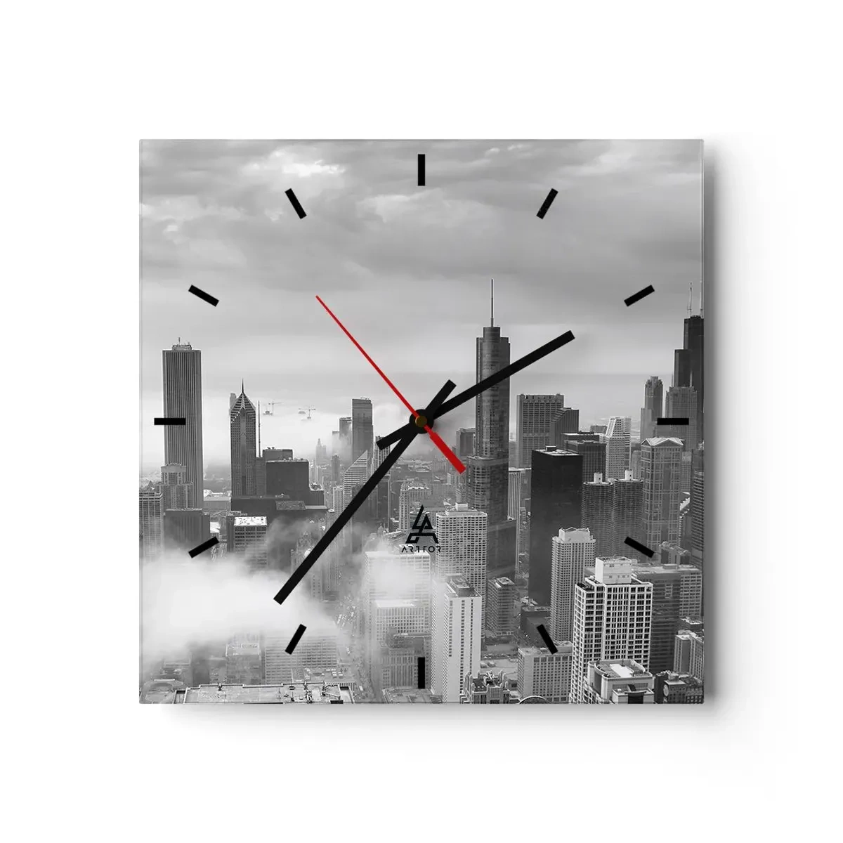 Orologio da parete - Orologio in Vetro - Panorama della città con grattacieli tra le nuvole in bianco e nero - 30x30cm - Paesaggio americano - Decorazione murale moderna per soggiorno e camera da letto ARTTOR