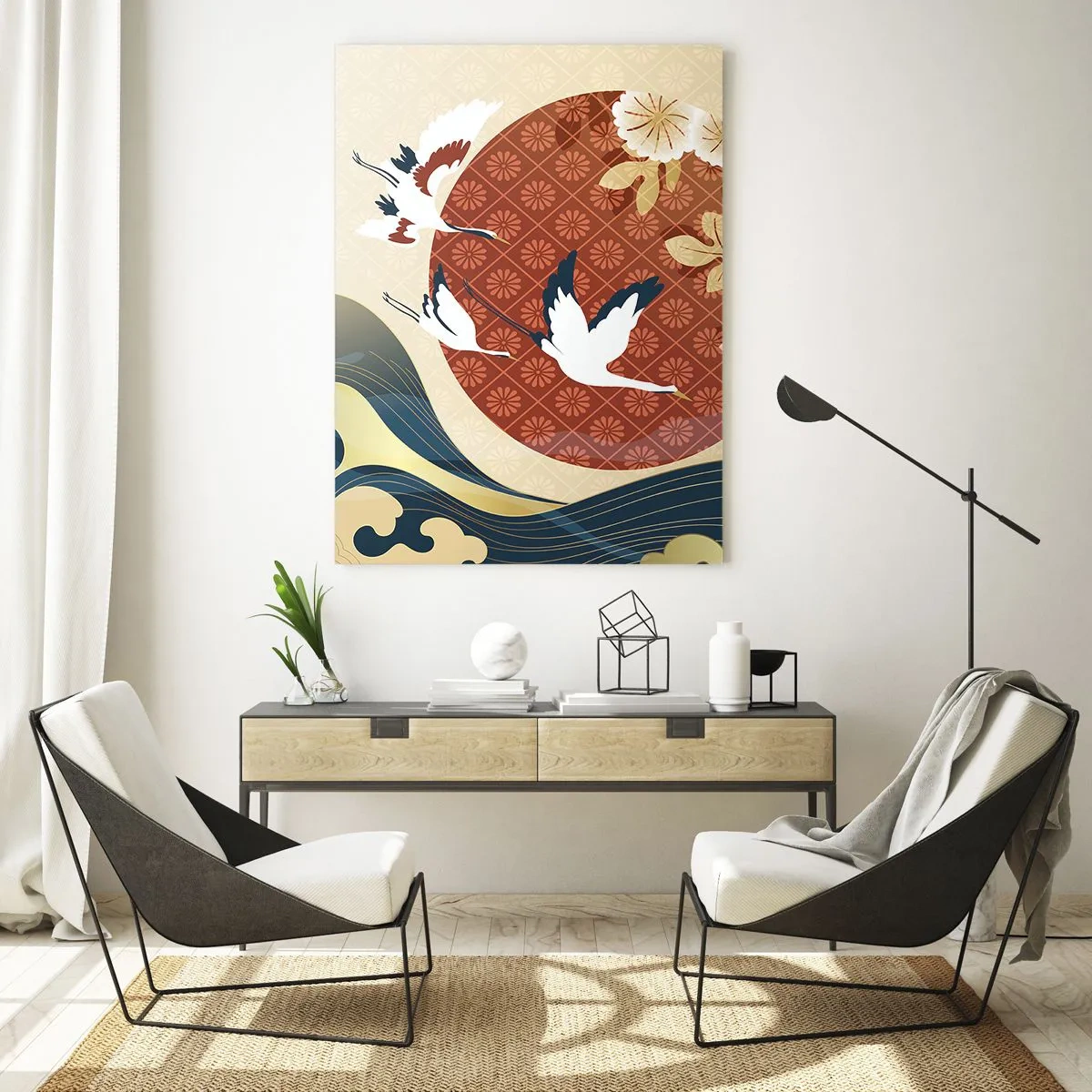 Quadro su vetro - Composizione giapponese con gru e onde - 70x100cm - Favola giapponese - Decorazione murale moderna per soggiorno e camera da letto ARTTOR