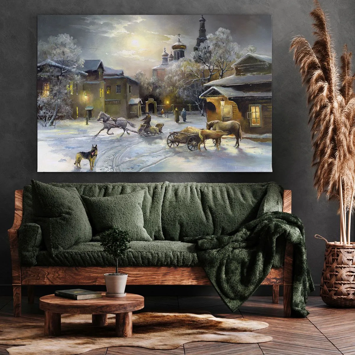 Quadro su tela - Stampe su Tela - Paesaggio invernale in una città russa con una slitta e una chiesa - 70x50cm - La magia dell'inverno russo - Decorazione murale moderna per soggiorno e camera da letto ARTTOR
