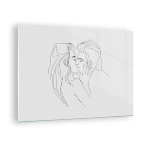 Quadro su vetro - Un disegno minimalista di una coppia in un bacio romantico - 70x50cm - La stessa linea - Decorazione murale moderna per soggiorno e camera da letto ARTTOR