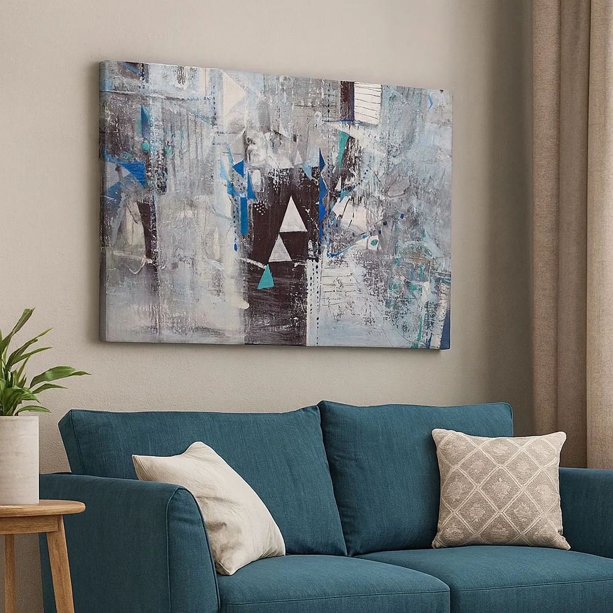 Quadro su tela - Stampe su Tela - Composizione astratta con triangoli e motivi geometrici - 70x50cm - L'ordine superiore dei triangoli - Decorazione murale moderna per soggiorno e camera da letto ARTTOR