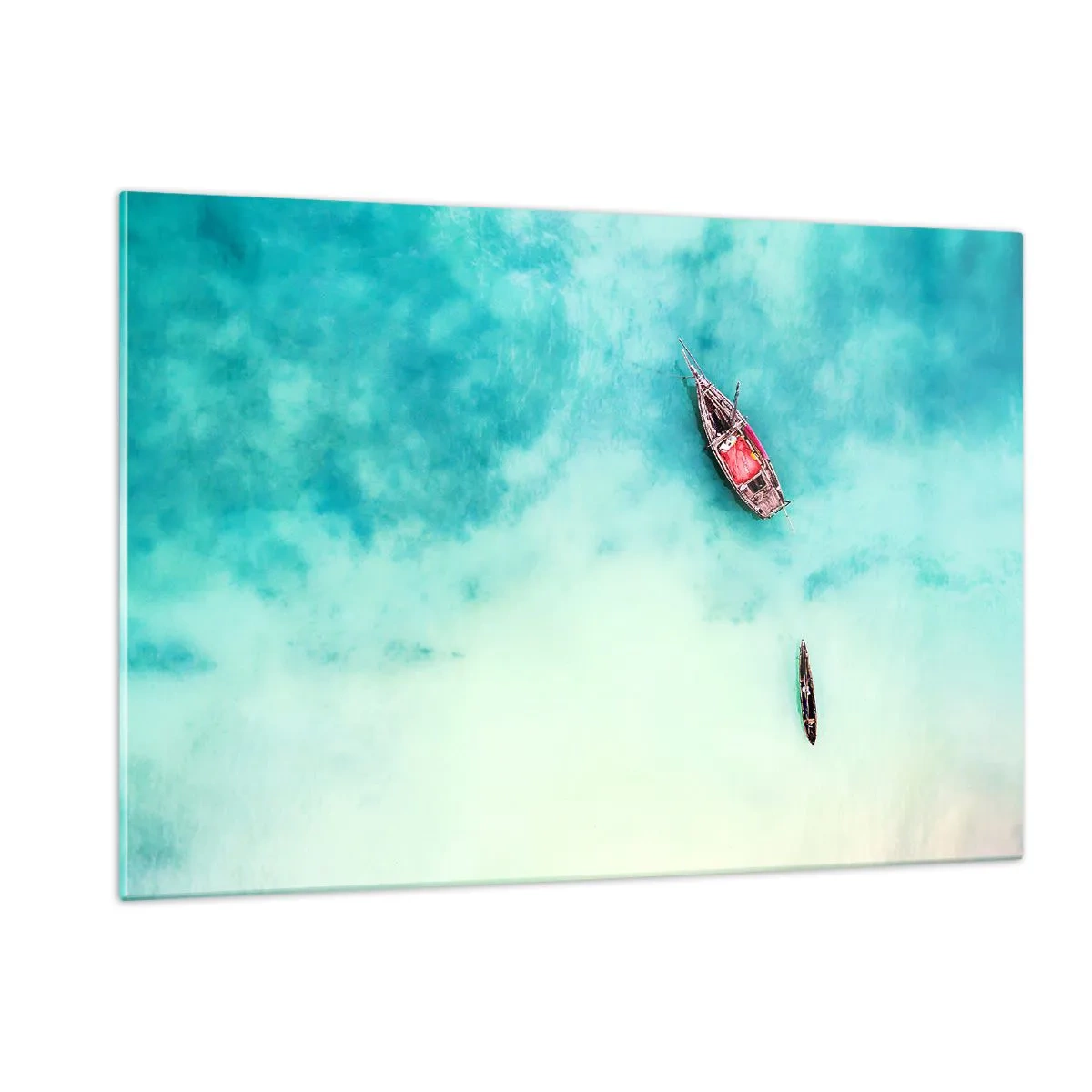 Quadro su vetro - Barche su acque azzurre in un ambiente tranquillo - 120x80cm - Nelle spiagge di Zanzibar, quando c'è troppa acqua... - Decorazione murale moderna per soggiorno e camera da letto ARTTOR