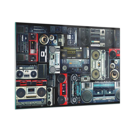 Quadro su vetro - Un collage di radio e registratori retrò su uno sfondo scuro. - 100x70cm - Nostalgia degli anni '80 - Decorazione murale moderna per soggiorno e camera da letto ARTTOR
