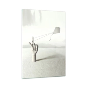 Quadro su vetro - Una mano di legno che tiene un aquilone galleggiante sul suo dito - 50x70cm - Prova di forza - Decorazione murale moderna per soggiorno e camera da letto ARTTOR