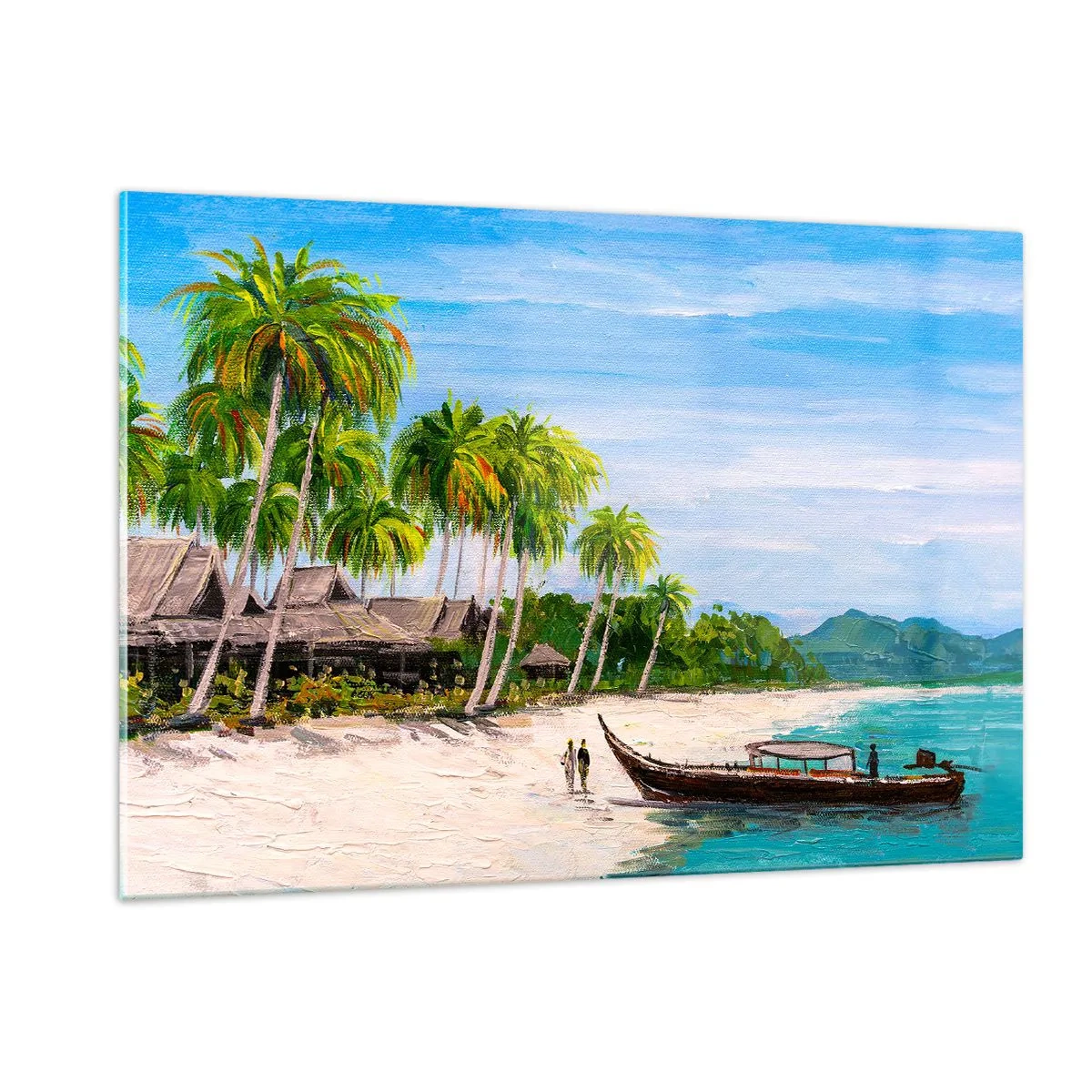Quadro su vetro - Spiaggia tropicale con una barca e palme accanto alle capanne tradizionali - 120x80cm - Sogno esotico - Decorazione murale moderna per soggiorno e camera da letto ARTTOR